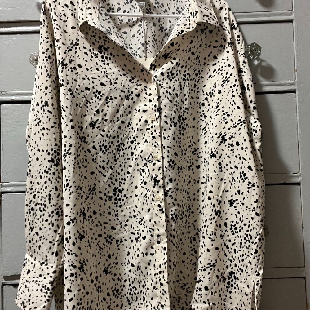 Dalmatian Print Satin-Style Button-Down Blouse NWT